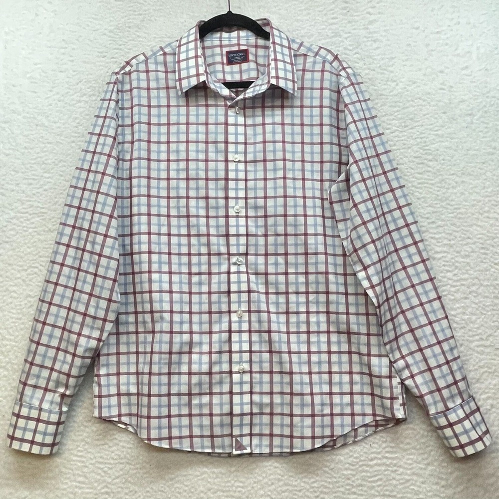 Untuckit Shirt Mens Large Red Blue Plaid Button Down Cantabera WF Slim Casual
